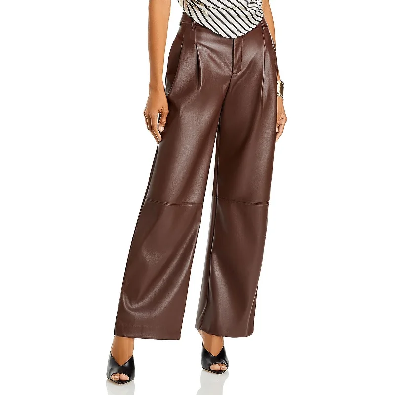 Line & Dot Womens Faux Leather Pleated Wide Leg Pants High-Waist Jeans