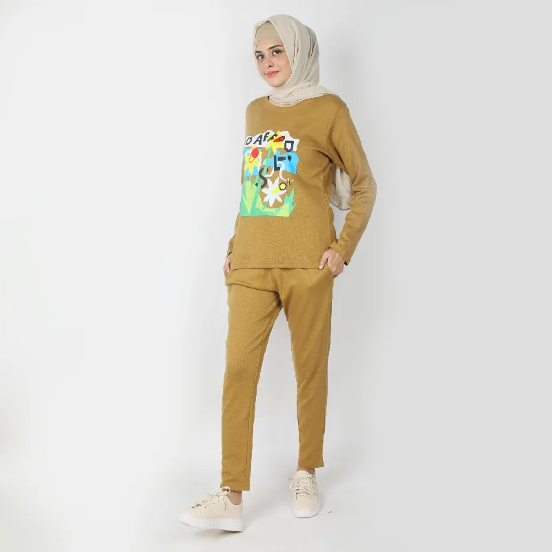Women's 2pcs Hoodie Set - Khaki Hoodie with Hem Elastic Stretchable Comfortable