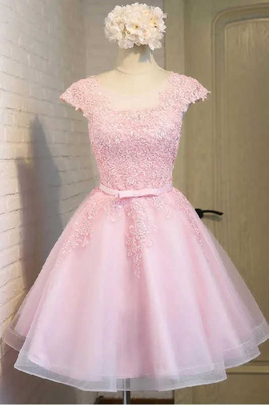 Pink Lace Short Tulle Homecoming Dresses Party Dresses with Cap Sleeves PG138 Tunics Versatile functional Pink Lace Short Tulle Homecoming Dresses Party Dresses with Cap Sleeves PG138 Tunics Versatile functional