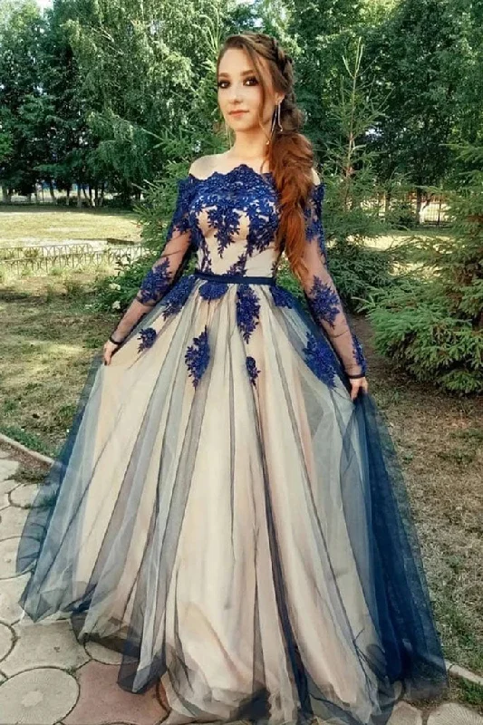 Unique Long Sleeve Off the Shoulder Tulle Long Prom Dress Blue Appliques Party Dress OKT49 Tunics Trousers formal Unique Long Sleeve Off the Shoulder Tulle Long Prom Dress Blue Appliques Party Dress OKT49 Tunics Trousers formal