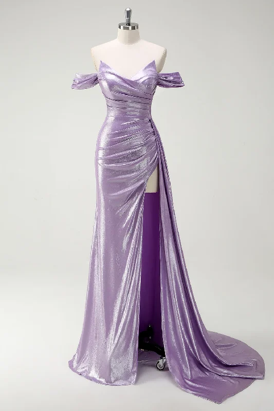 Sparkly Off The Shoulder Lilac Ruched Side Cape Prom Dress with Slit Tunics Bestseller popular Sparkly Off The Shoulder Lilac Ruched Side Cape Prom Dress with Slit Tunics Bestseller popular