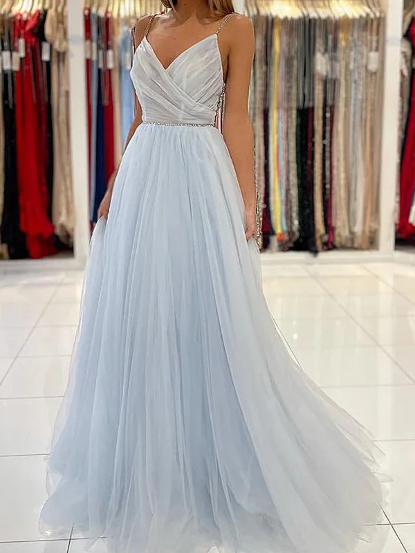 A Line V Neck Light Blue Tulle Long Prom Dresses, Blue Tulle Long Formal Graduation Dresses Crew Neckline Casual A Line V Neck Light Blue Tulle Long Prom Dresses, Blue Tulle Long Formal Graduation Dresses Crew Neckline Casual