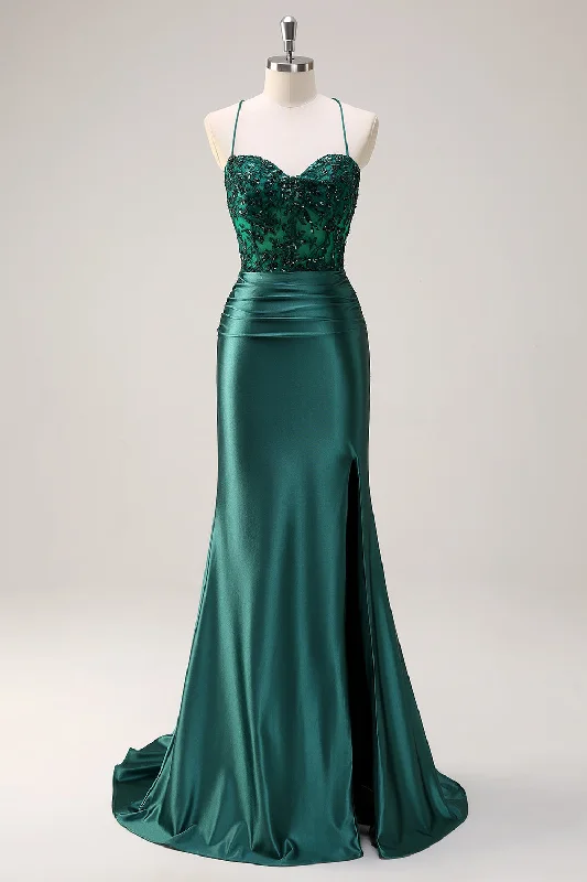 Sparkly Dark Green Mermaid Halter Corset Long Prom Dress With Slit Tunics Evening elegant Sparkly Dark Green Mermaid Halter Corset Long Prom Dress With Slit Tunics Evening elegant