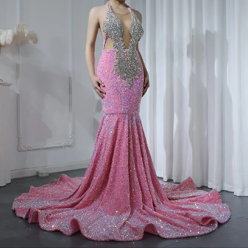 Sparkly Crystal Pink Sequined Halter Prom Dress RM056 Tunics Stylish elegant