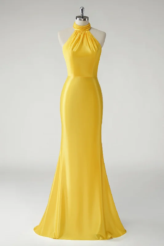 Yellow Mermaid Halter Satin Long Prom Dress Tunics Satin smooth