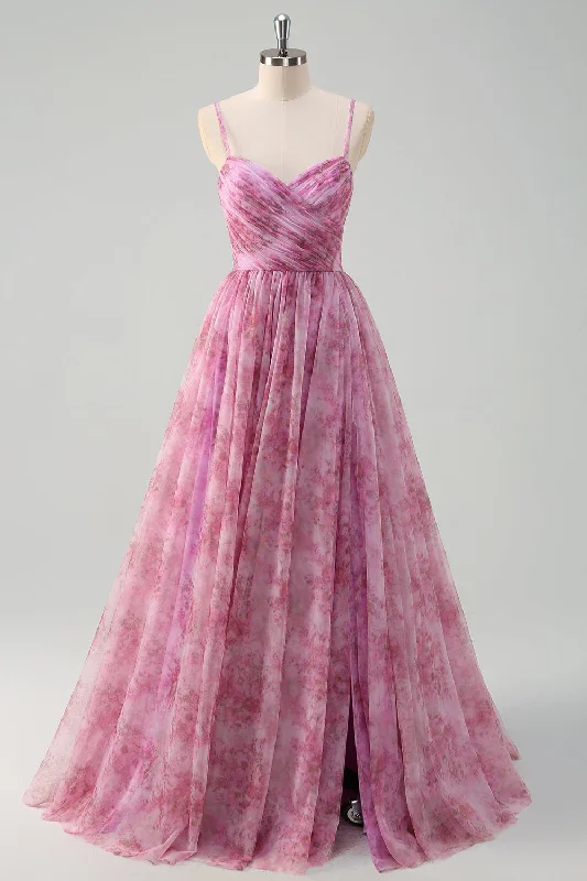 Pinkish Purple A-Line Floral Spaghetti Straps Long Prom Dress with Slit Tunics Yoga stretchy Pinkish Purple A-Line Floral Spaghetti Straps Long Prom Dress with Slit Tunics Yoga stretchy