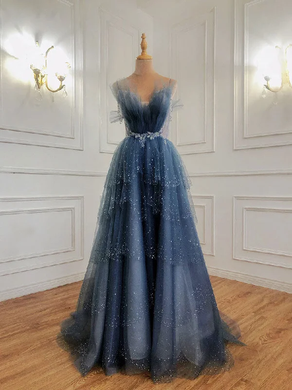 Gray Blue Tulle Beads Long Prom Dress, Blue Tulle Formal Dress Tunics Luxurious premium Gray Blue Tulle Beads Long Prom Dress, Blue Tulle Formal Dress Tunics Luxurious premium