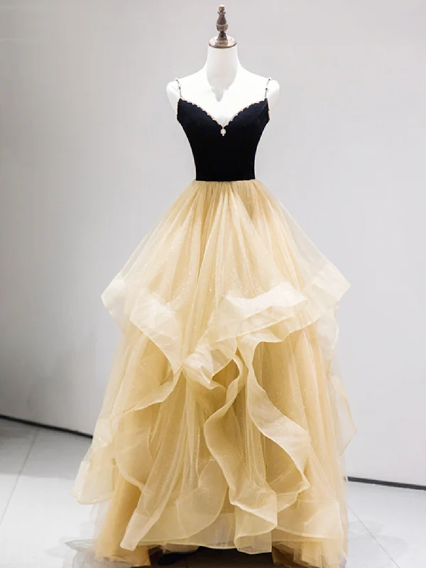 A-Line Champagne Tulle Long Prom Dresses, Velvet Graduation Dresses with Beading Tunics Brand named A-Line Champagne Tulle Long Prom Dresses, Velvet Graduation Dresses with Beading Tunics Brand named
