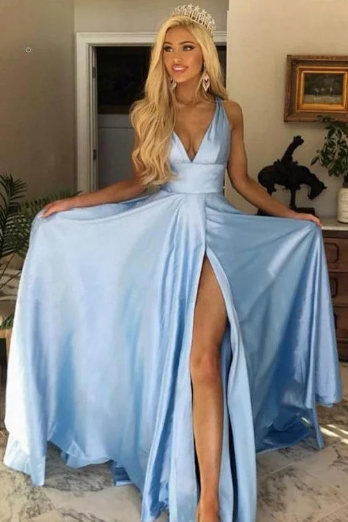 Sky-blue Long Party Dress with High Leg Slit Side Mermaid Tail Wedding