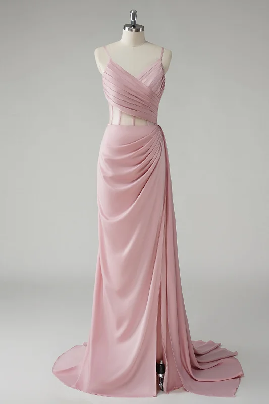 Blush Spaghetti Straps Corset Pleated Sheath Long Prom Dress Tunics Corduroy durable Blush Spaghetti Straps Corset Pleated Sheath Long Prom Dress Tunics Corduroy durable