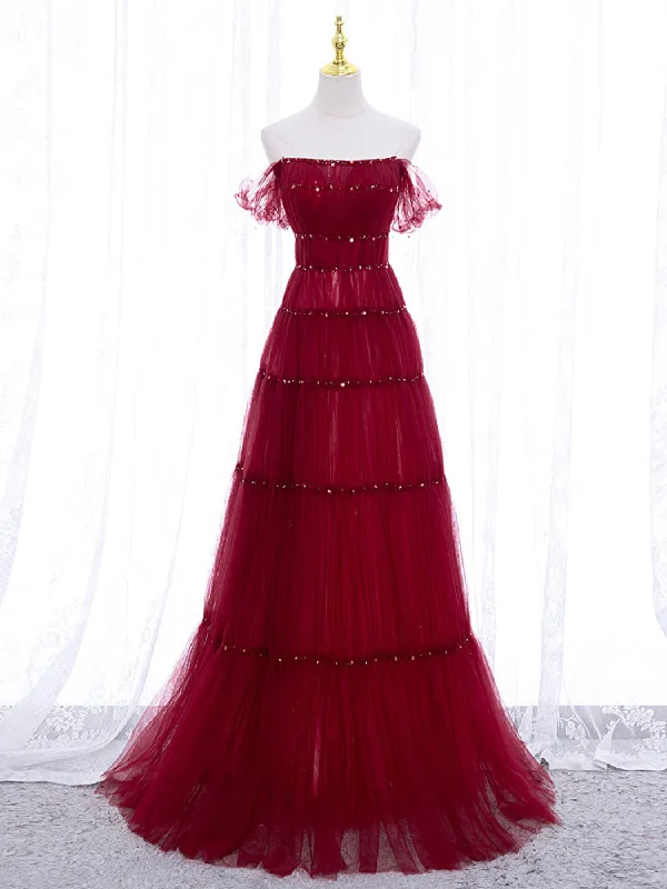 Burgundy Off Shoulder Long Prom Dress, Burgundy Formal Dress with Beading Sequin Pencil Office Professional Burgundy Off Shoulder Long Prom Dress, Burgundy Formal Dress with Beading Sequin Pencil Office Professional