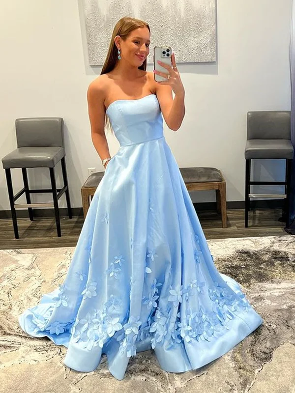 Strapless Sky Blue Floral Long Prom Dresses, Light Blue Long Floral Formal Graduation Dresses Shift Classic Vintage Strapless Sky Blue Floral Long Prom Dresses, Light Blue Long Floral Formal Graduation Dresses Shift Classic Vintage