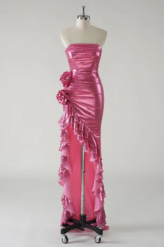 Sparkly Fuchsia Metallic Strapless Prom Dress with Slit Tunics Chinos classic