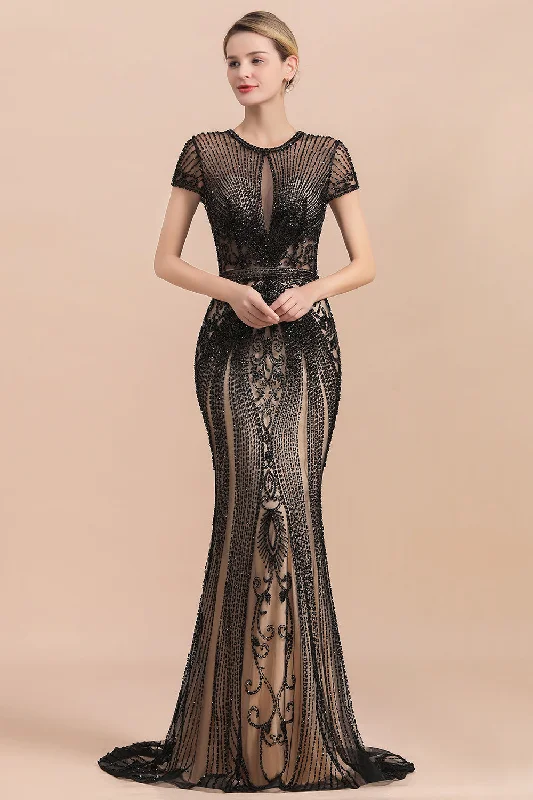 Charming Beads Mermaid Prom Dress Short Sleeve Crew Neck Party Dress Glittery Long Formal Charming Beads Mermaid Prom Dress Short Sleeve Crew Neck Party Dress Glittery Long Formal