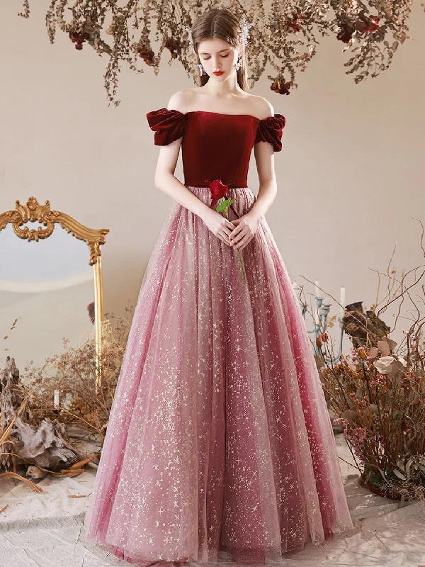 A-Line Burgundy Tulle Long Prom Dress, Burgundy Evening Dress with Velvet Tunics Mesh breathable A-Line Burgundy Tulle Long Prom Dress, Burgundy Evening Dress with Velvet Tunics Mesh breathable