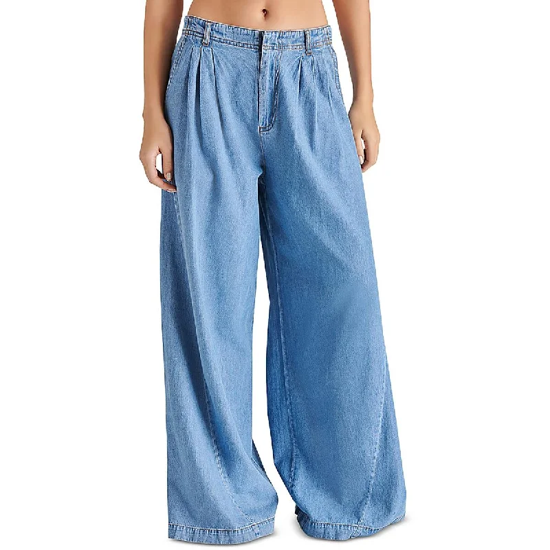 Steve Madden Womens Pleated Denim Wide Leg Pants Fashionable Button-Up Pants