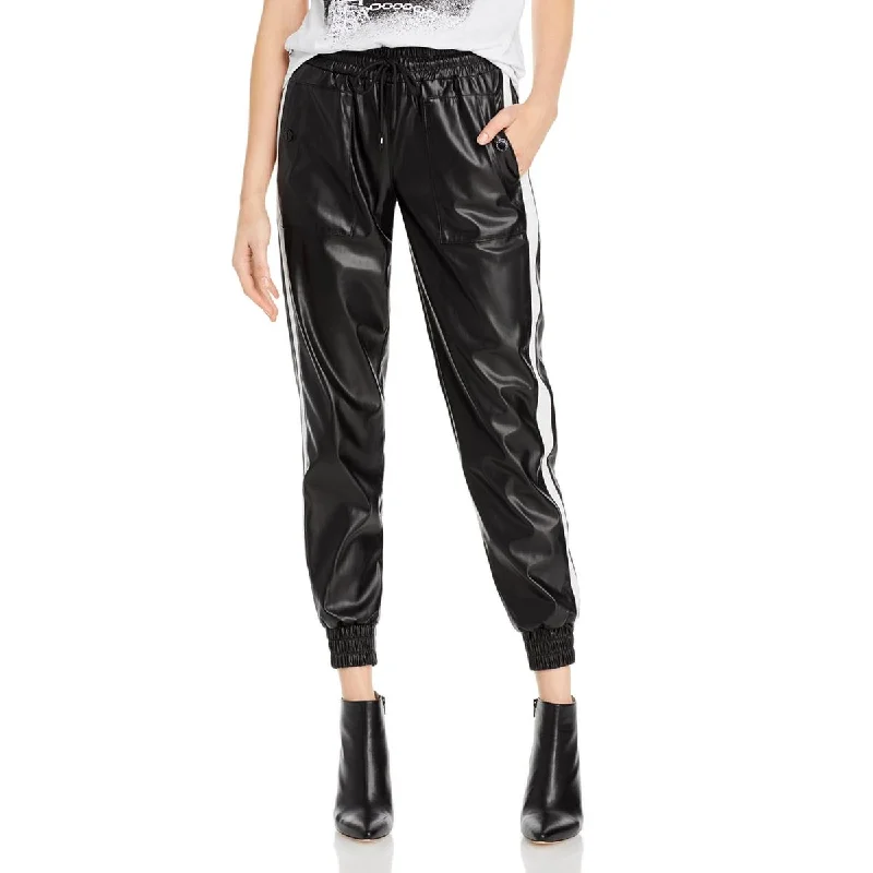 Karl Lagerfeld Paris Womens Faux Leather Striped Jogger Pants Chic Capri Pants