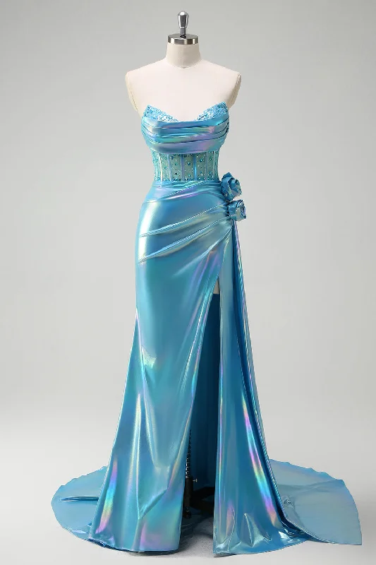 Metallic Blue Mermaid Strapless Corset Flowers Beaded Long Prom Dress with Slit Tunic Top Casual Metallic Blue Mermaid Strapless Corset Flowers Beaded Long Prom Dress with Slit Tunic Top Casual