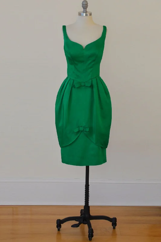 1960's Emerald Green Satin Bombshell Vintage Party Dress with Petal Skirt Tunics Bestseller popular 1960's Emerald Green Satin Bombshell Vintage Party Dress with Petal Skirt Tunics Bestseller popular