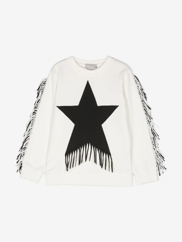 Stella McCartney Girls Tassel Star Sweatshirt in Ivory Hoodie with Elastic Cuffs Stretchable Comfortable