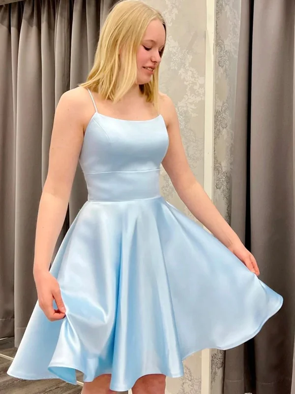 Short Backless Sky Blue Satin Prom Dresses, Light Blue Open Back Satin Formal Graduation Dresses Tunics Stylish elegant Short Backless Sky Blue Satin Prom Dresses, Light Blue Open Back Satin Formal Graduation Dresses Tunics Stylish elegant