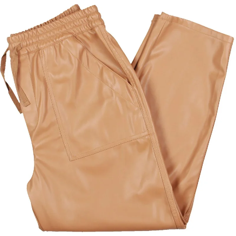Grey Collective Womens Faux Leather High Rise Straight Leg Pants Comfy Cargo Trousers