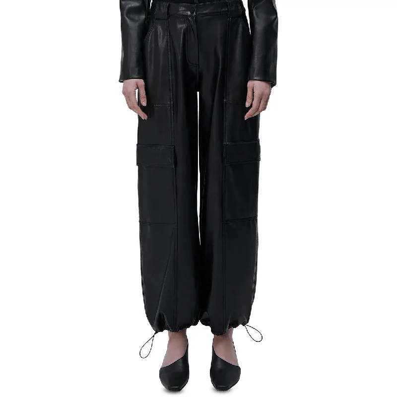 SIMKHAI Womens Sofia Vegan Leather Drawstring Cargo Pants Stretch Fit Pants