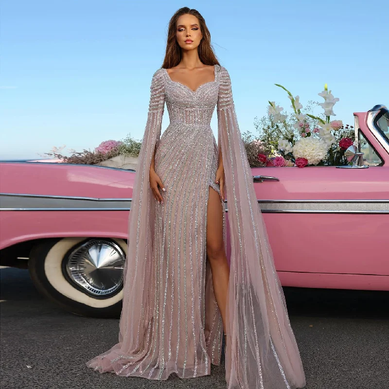 Luxury Beaded Pink Mermaid Evening Dress with Cape Sleeves SS434 Tunics Exclusive limited