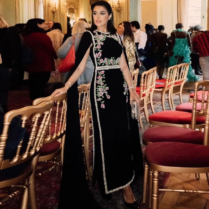 Luxury Embroidered Black Evening Dress with Cape Sleeves SS487 Tunics Sophisticated sleek Luxury Embroidered Black Evening Dress with Cape Sleeves SS487 Tunics Sophisticated sleek