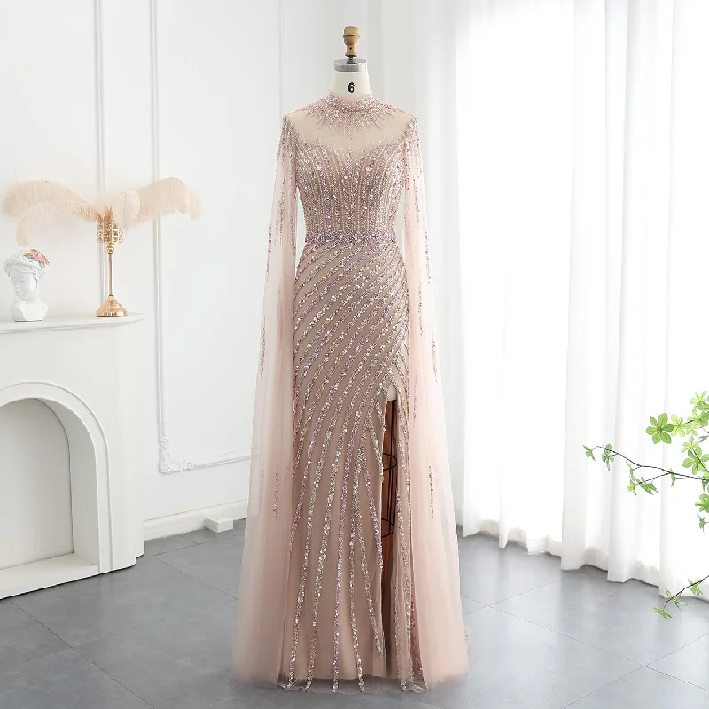 Luxury Beaded Mermaid Nude Evening Dress with Cape Sleeves SS174 Tunics Stylish modern Luxury Beaded Mermaid Nude Evening Dress with Cape Sleeves SS174 Tunics Stylish modern