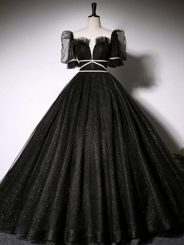 Black Scoop Neckline Long Prom Dress, Shiny Tulle Black Evening Dress Tunics Sophisticated sleek Black Scoop Neckline Long Prom Dress, Shiny Tulle Black Evening Dress Tunics Sophisticated sleek