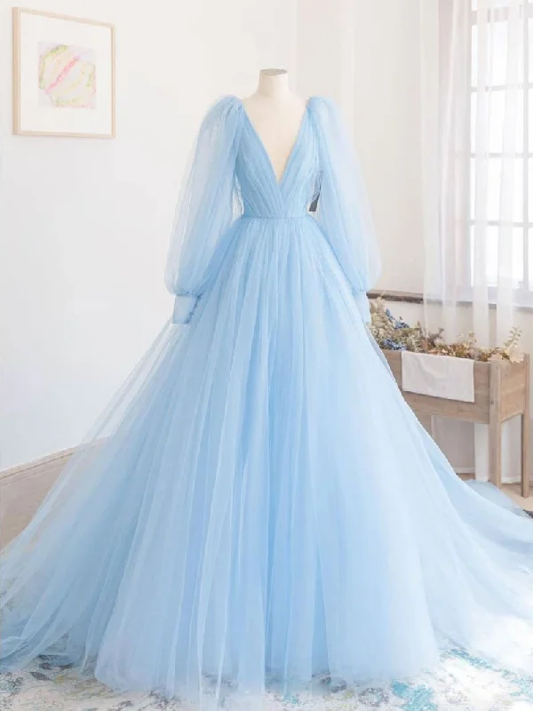 Blue V Neck Tulle Long Prom Dress Blue Tulle Evening Dress Tunics Chic fashionable