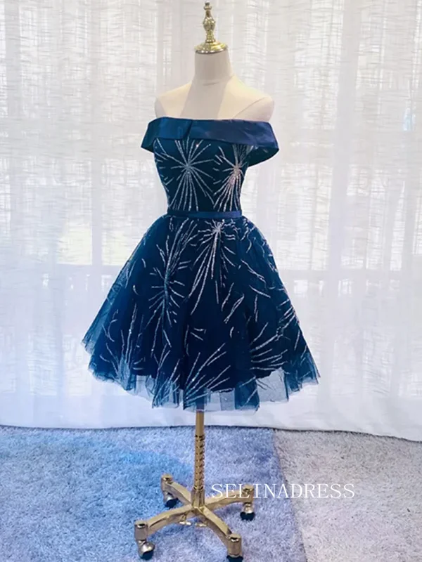 Dark Blue Off Shoulder Tulle Knee Length Party Dress Blue Homecoming Dresses #TKL2118 Tunics Polka dots Dark Blue Off Shoulder Tulle Knee Length Party Dress Blue Homecoming Dresses #TKL2118 Tunics Polka dots