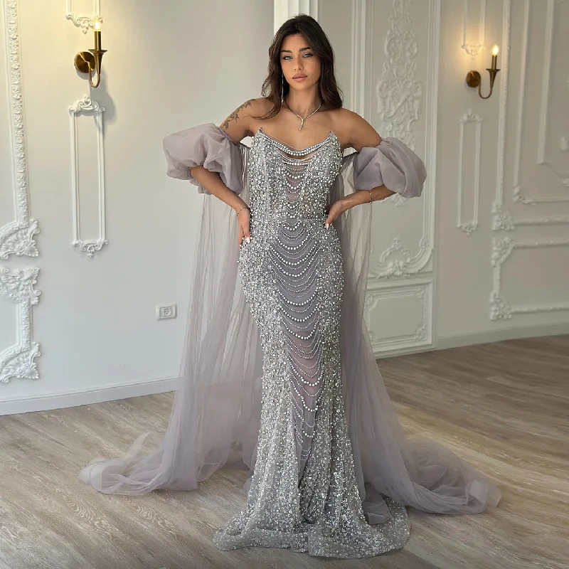 Luxury Pearls Tassel Purple Evening Dress with Cape SS199 Tunics Gym athletic