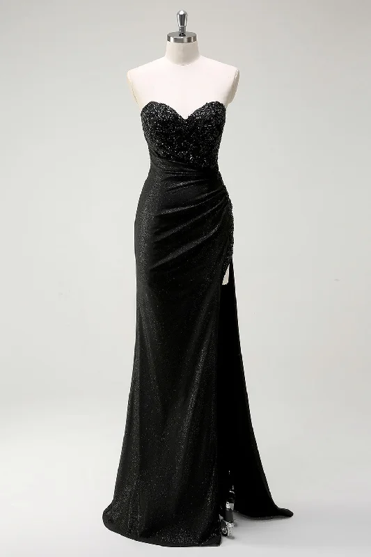 Sparkly Sweetheart Black Long Sequin Prom Dress With Slit Tunics Spring floral