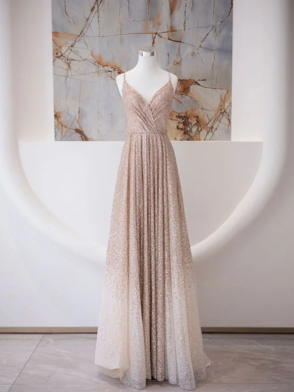 A Line V Neck Champagne Long Prom Dresses, Shiny Tulle Champagne Evening Dress Cowl Neckline Elegant A Line V Neck Champagne Long Prom Dresses, Shiny Tulle Champagne Evening Dress Cowl Neckline Elegant