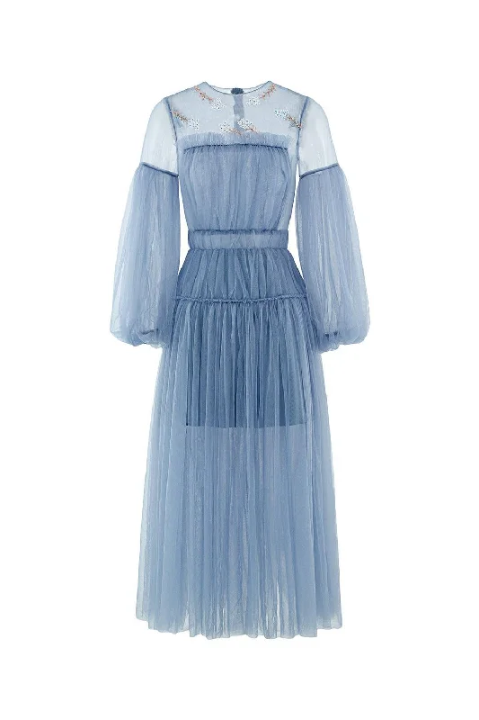 Charmeuse A-line Puffy Sleeved Tulle Ankle Length Dress Turtleneck Warm Winter