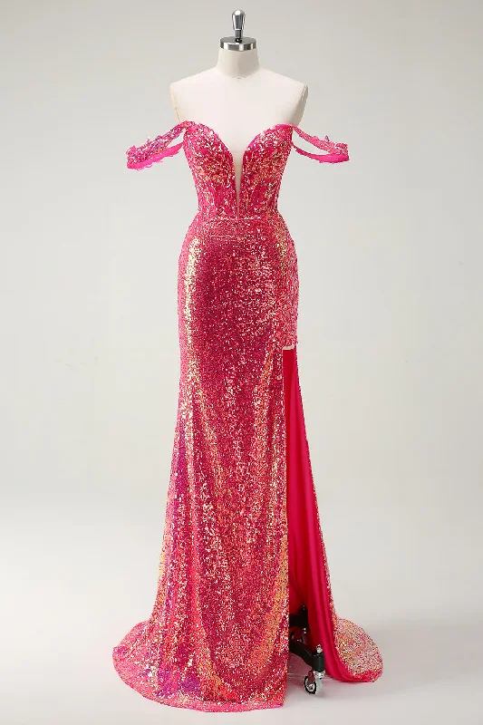 Fuchsia Mermaid Sequined Off The Shoulder Prom Dress Tunics Summer linen