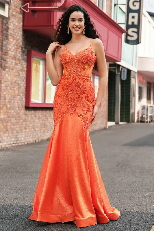 Orange Mermaid Corset Spaghetti Straps Beaded Long Prom Dress Tunics Mesh breathable Orange Mermaid Corset Spaghetti Straps Beaded Long Prom Dress Tunics Mesh breathable