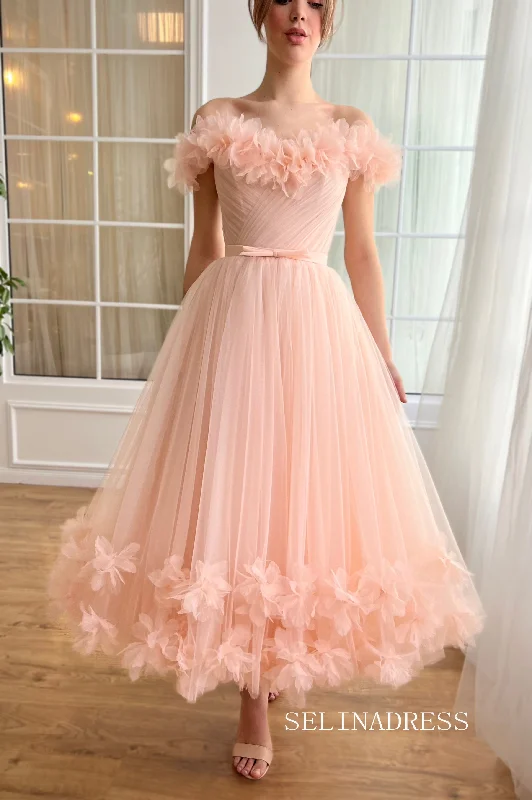 Pink Off-the-shoulder Short Midi Prom Dress A line Tulle Party Dress JKL3127 Tunics Short Trendy Pink Off-the-shoulder Short Midi Prom Dress A line Tulle Party Dress JKL3127 Tunics Short Trendy