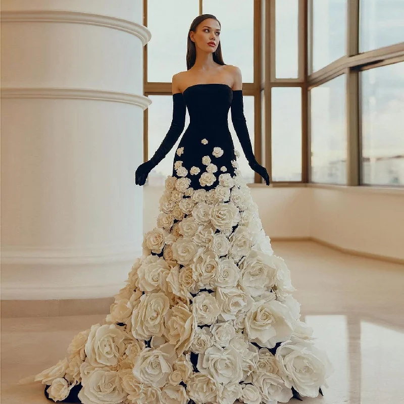 3D Flowers Black Velvet Strapless Evening Dress with Gloves SS248 sweetheart Neckline Romantic 3D Flowers Black Velvet Strapless Evening Dress with Gloves SS248 sweetheart Neckline Romantic