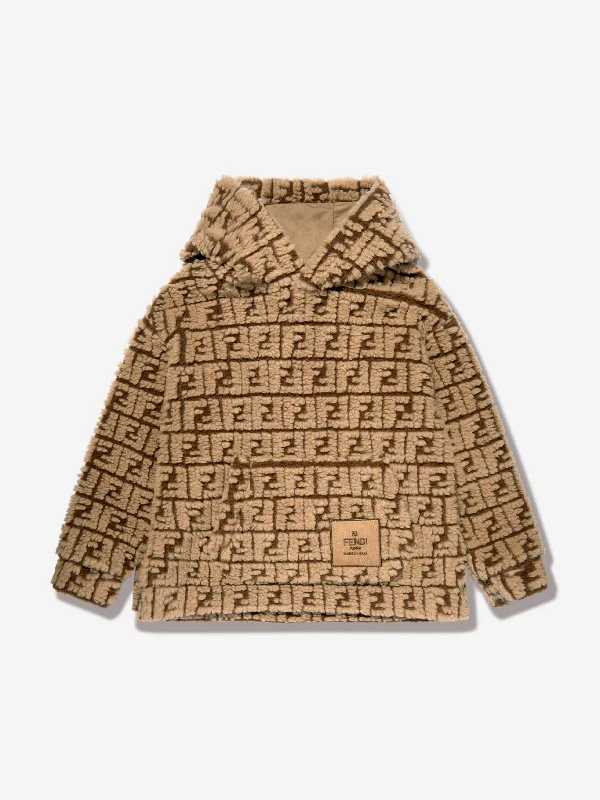 Fendi Kids FF Teddy Wool Hoodie in Beige Hoodie with Logo Branding Identity