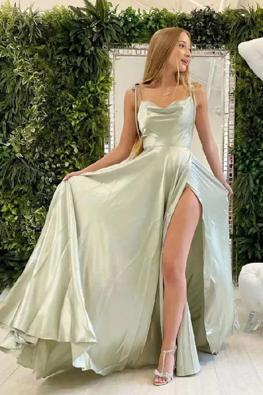 A-line Sage Green Satin Straps Prom Dress Simple Party Dress Tunics Formal black