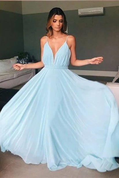 Skyblue Chiffon Prom Long Party Dresses V-neckline Square Neckline Feminine