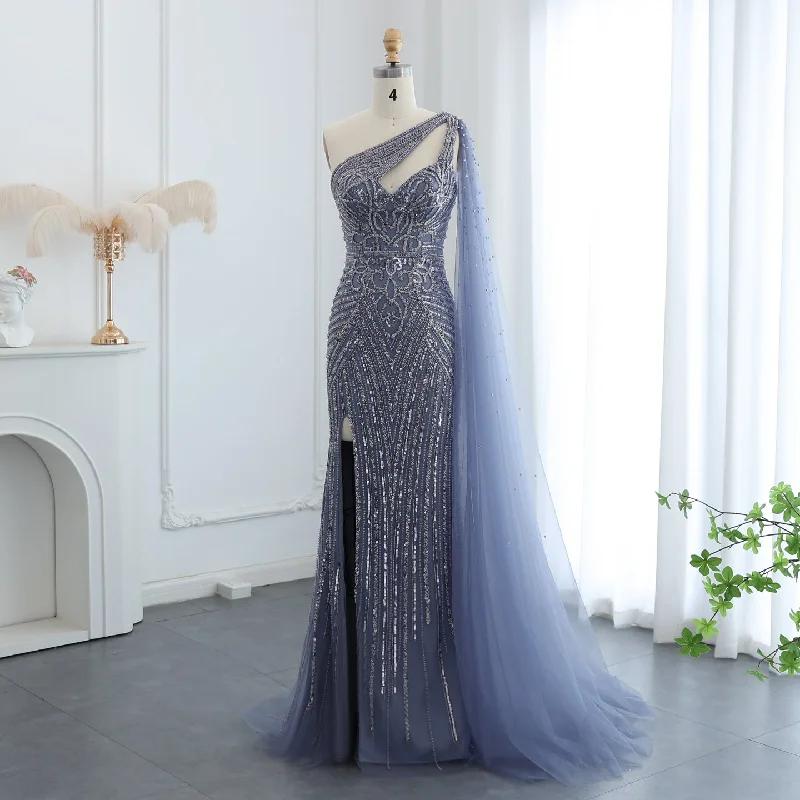 Luxury Blue One Shoulder Evening Dress with Cape Sleeve SS175 Tunics Timeless classic Luxury Blue One Shoulder Evening Dress with Cape Sleeve SS175 Tunics Timeless classic