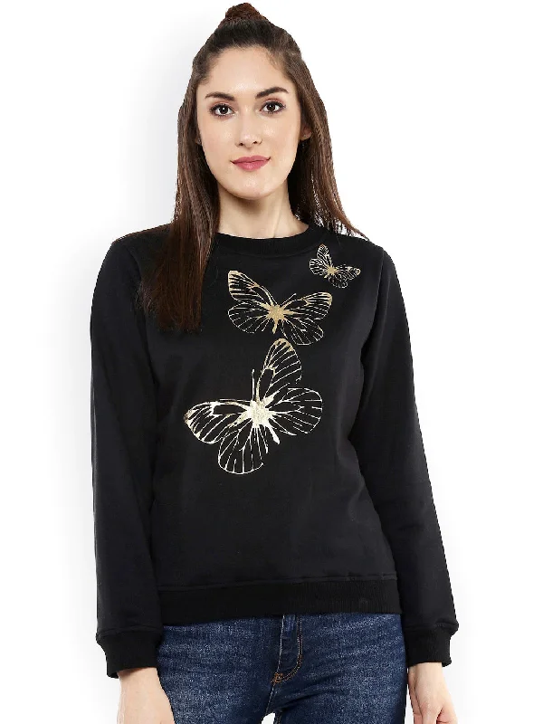 Women Black Sweatshirt With Foil Print Hoodie Crop Top Short Trendy