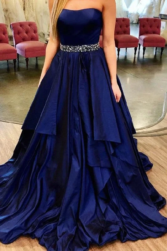 Strapless Navy Blue Long Party Dresses for Prom Online Cowl Neckline Elegant