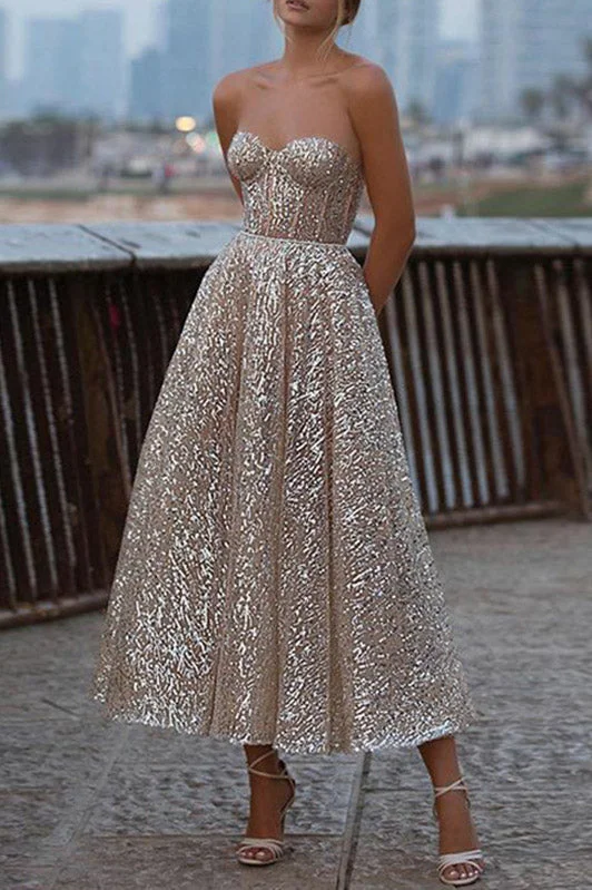 Strapless A Line Sparkly Ankle Length Prom Dress School Party Dress OK1381 Tunics Solid Classic Strapless A Line Sparkly Ankle Length Prom Dress School Party Dress OK1381 Tunics Solid Classic