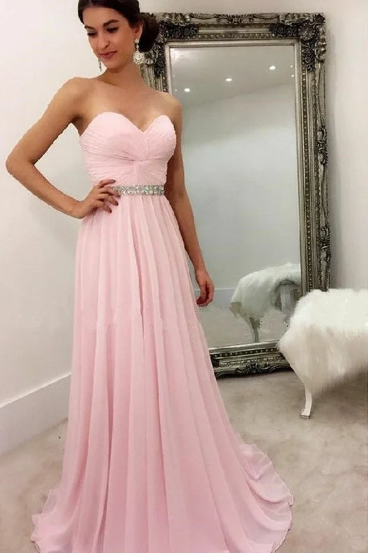 Sweetheart Chiffon Pink Formal Party Dress with Rhinestones Belt Off-the-shoulder Chic Trendy Sweetheart Chiffon Pink Formal Party Dress with Rhinestones Belt Off-the-shoulder Chic Trendy