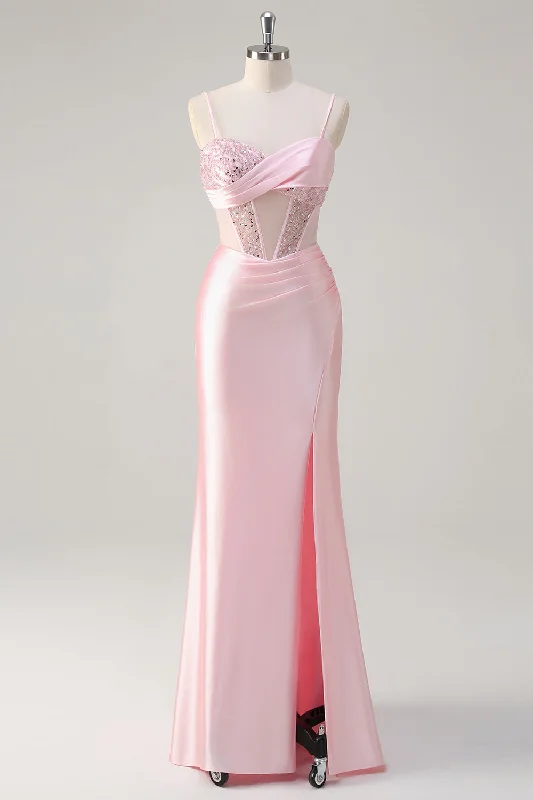 Sparkly Mermaid Pink Long Sequin Prom Dress with Slit Tunics Print Colorful